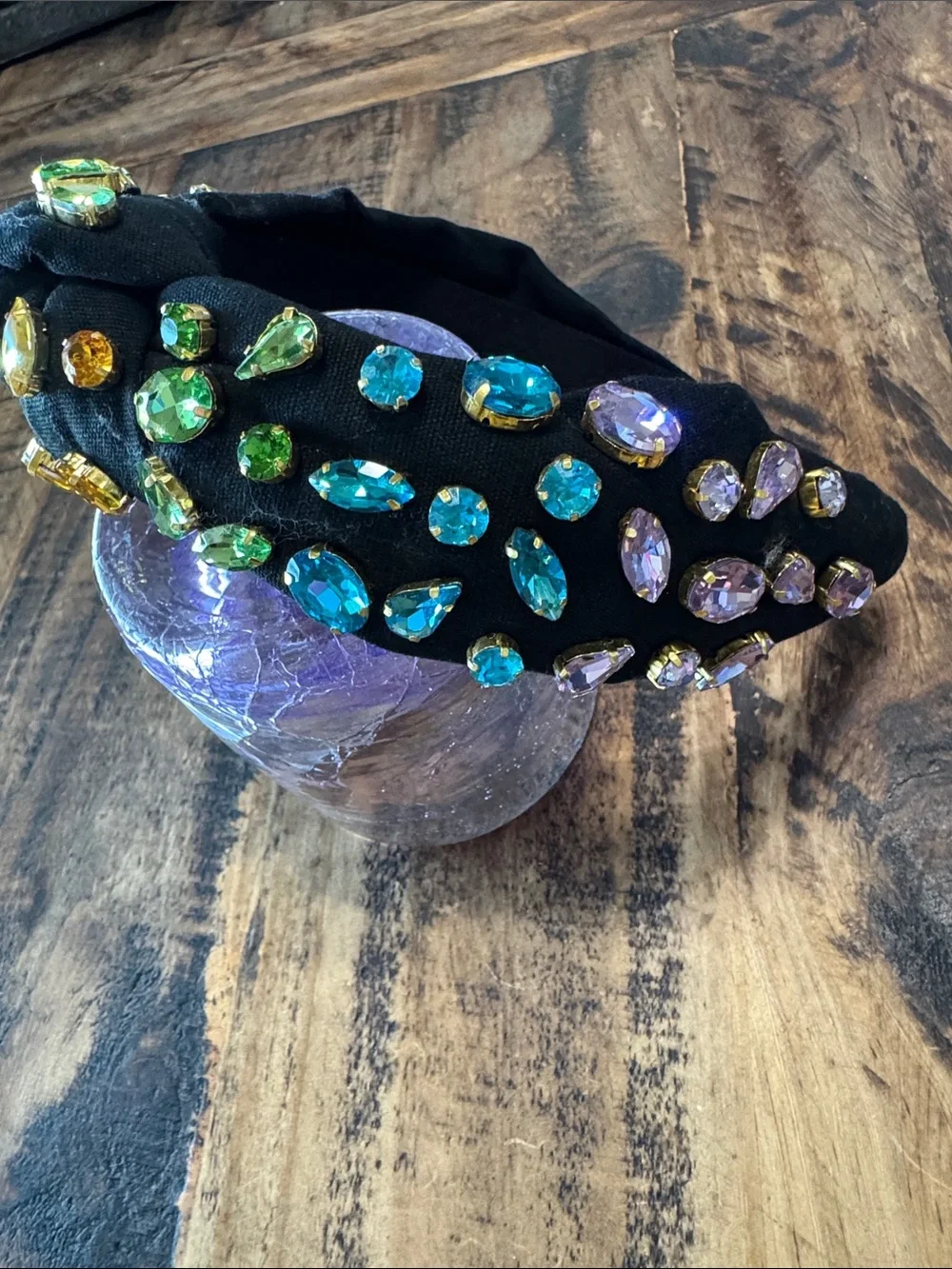 Brianna Cannon Black Jeweled Knot Headband with Multicolor Crystal Accents